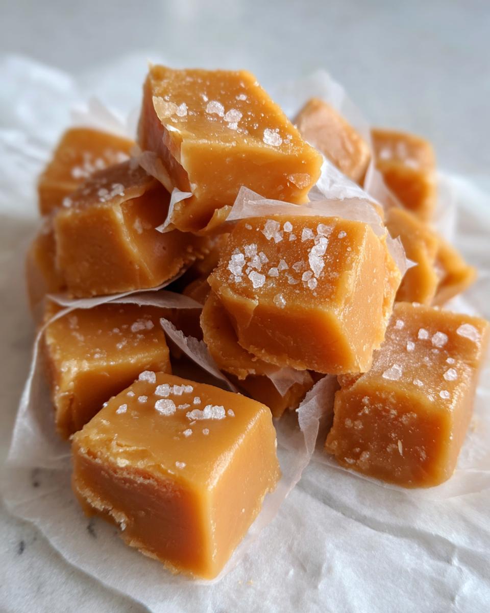 Close-up of chewy homemade caramel squares sprinkled with flaky sea salt, resting on parchment paper.