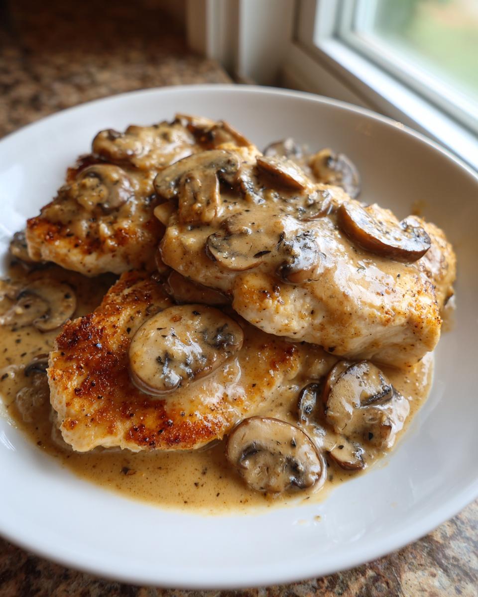 Close-up of pan-seared chicken breasts smothered in a rich, creamy mushroom sauce for chicken marsala.