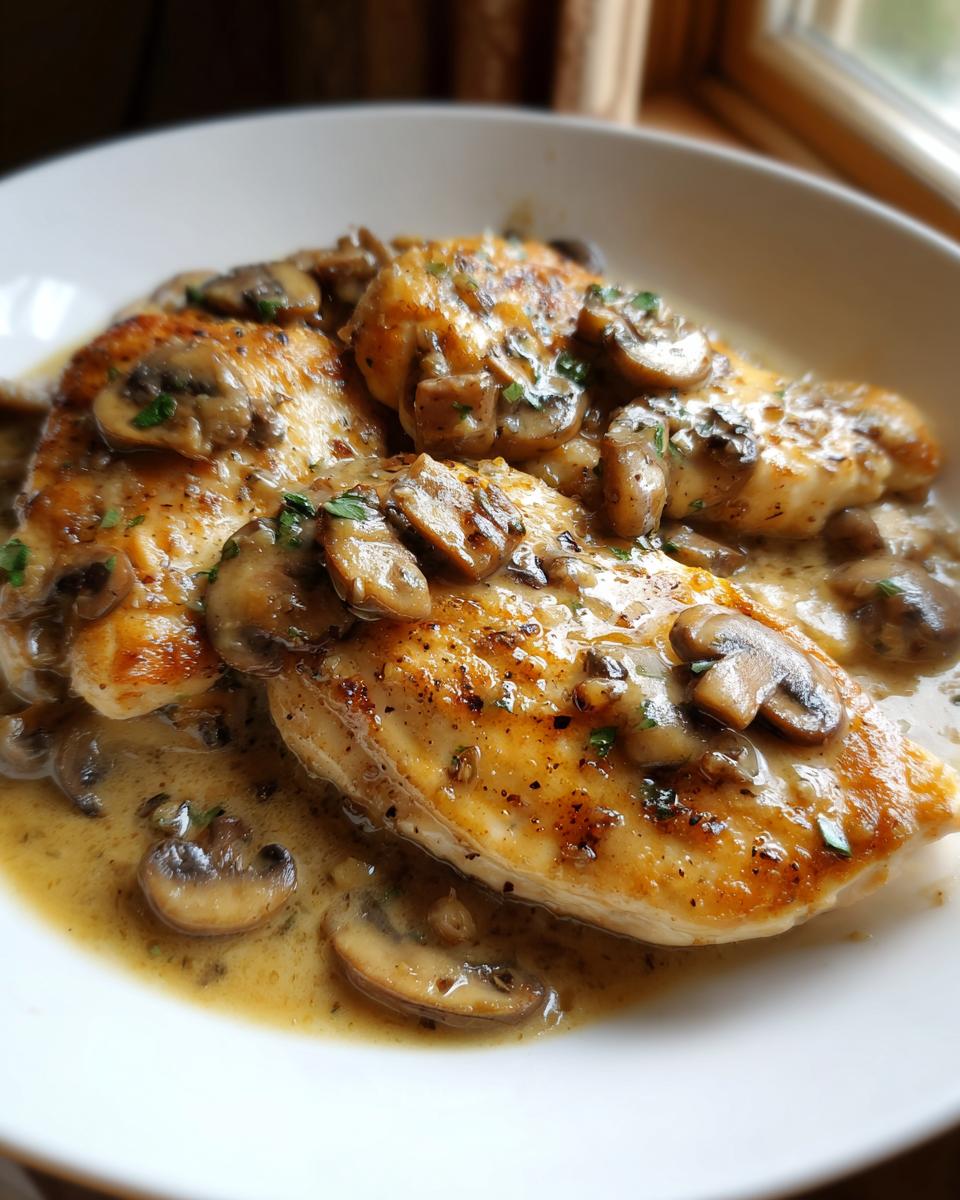 Close-up of pan-seared chicken breasts smothered in a rich mushroom sauce, classic chicken marsala.