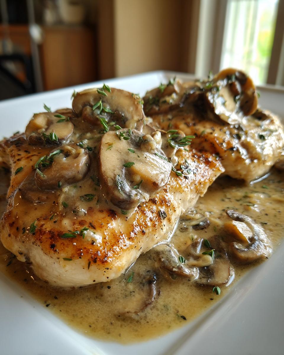 Close-up of pan-seared chicken marsala breasts covered in a creamy mushroom and Marsala wine sauce, garnished with thyme.