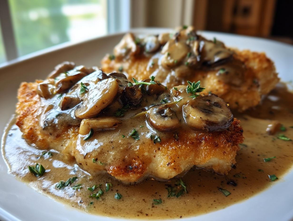 Close-up of breaded chicken marsala topped with sliced mushrooms and rich brown sauce, garnished with thyme.