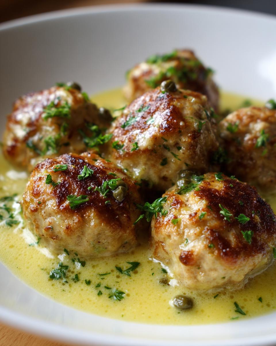 Close-up of browned chicken piccata meatballs swimming in a bright lemon-butter sauce, garnished with capers and fresh parsley.