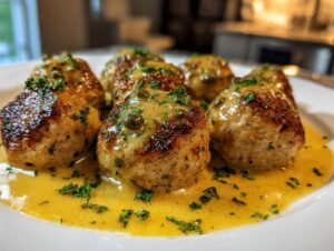 Several golden-brown chicken piccata meatballs resting in a bright yellow lemon-butter sauce, garnished with capers and fresh parsley.