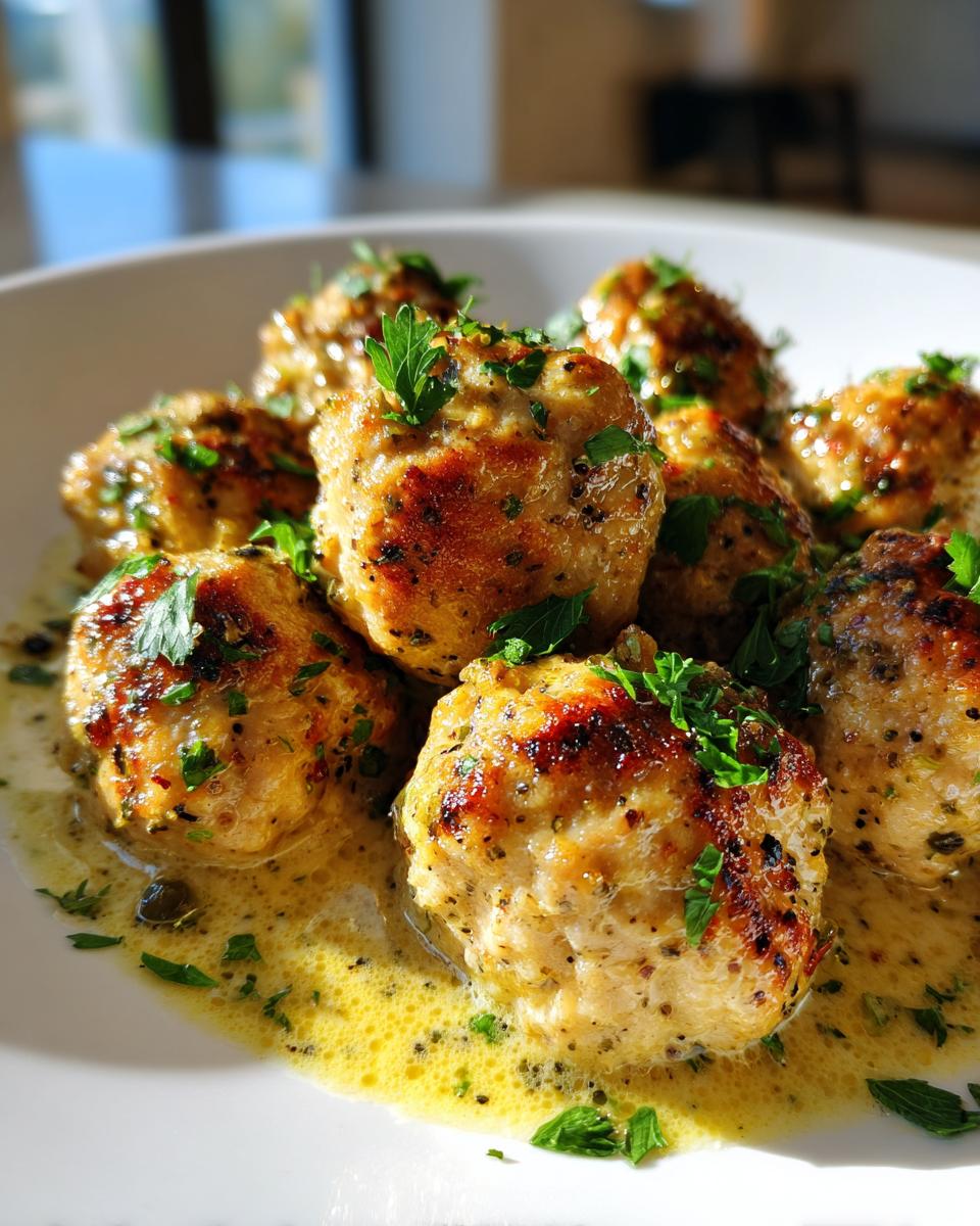 Close-up of browned chicken piccata meatballs served in a bright, lemony sauce and garnished with fresh parsley.