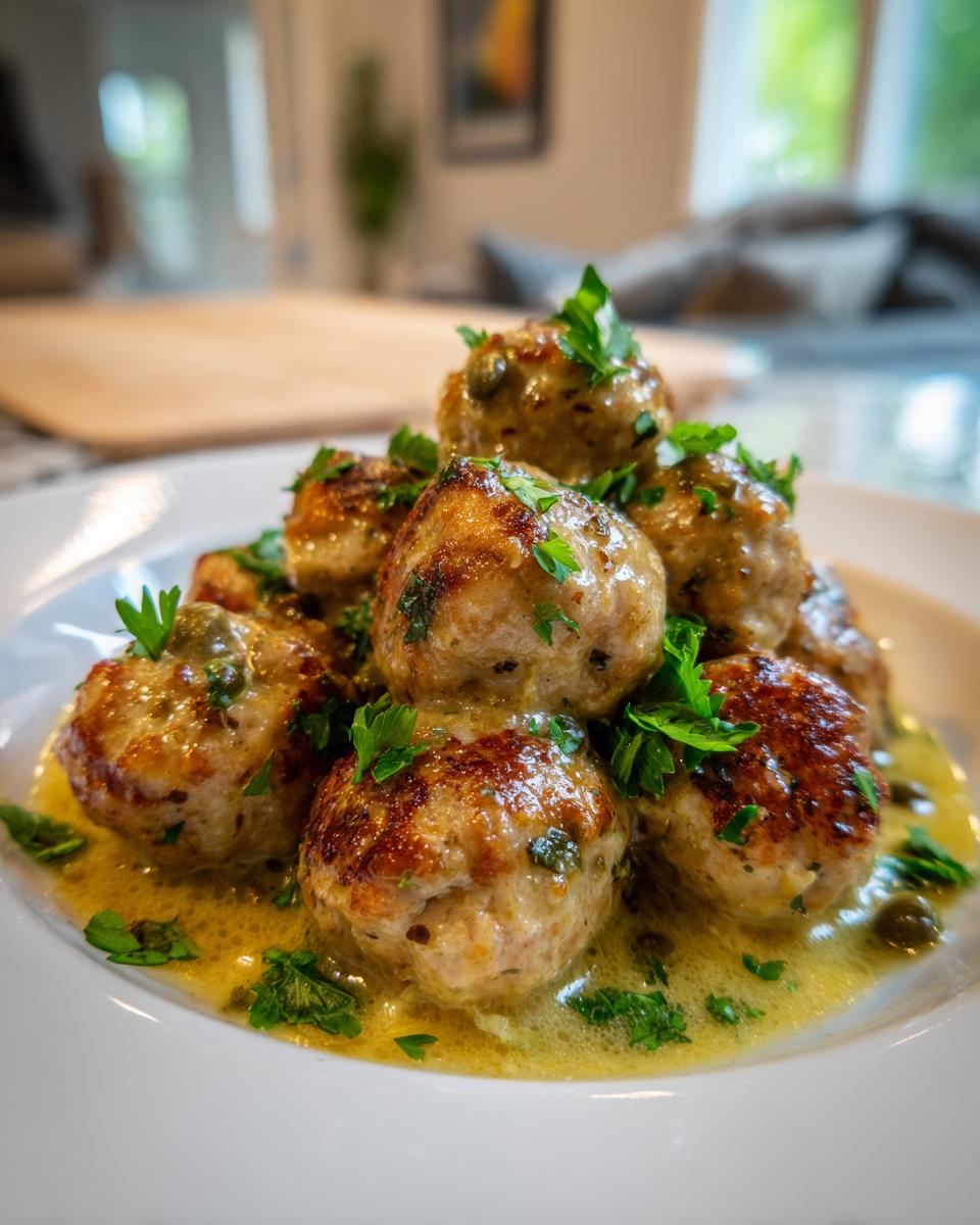 A close-up of several golden-brown chicken piccata meatballs swimming in a rich lemon-butter sauce and topped with fresh parsley.