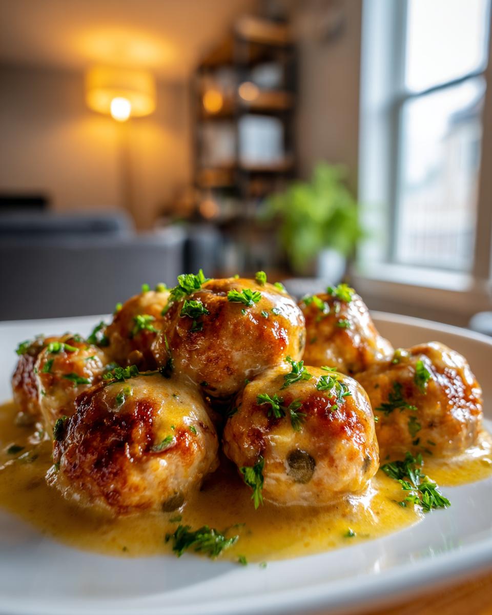 Close-up of golden brown chicken piccata meatballs smothered in a creamy lemon-caper sauce and garnished with fresh parsley.