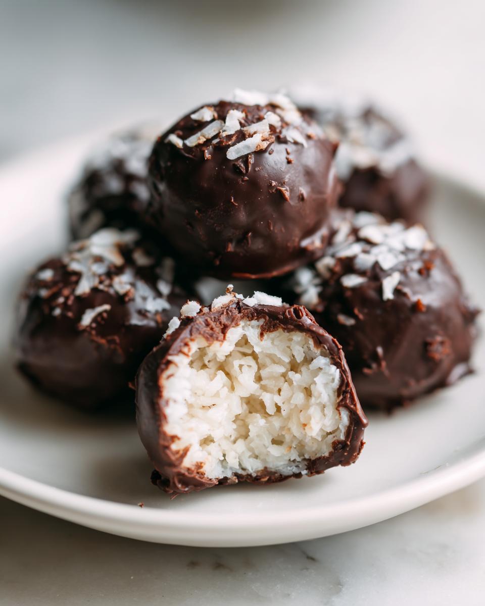 A stack of chocolate-covered almond joy truffles, one bitten open revealing the shredded coconut filling.