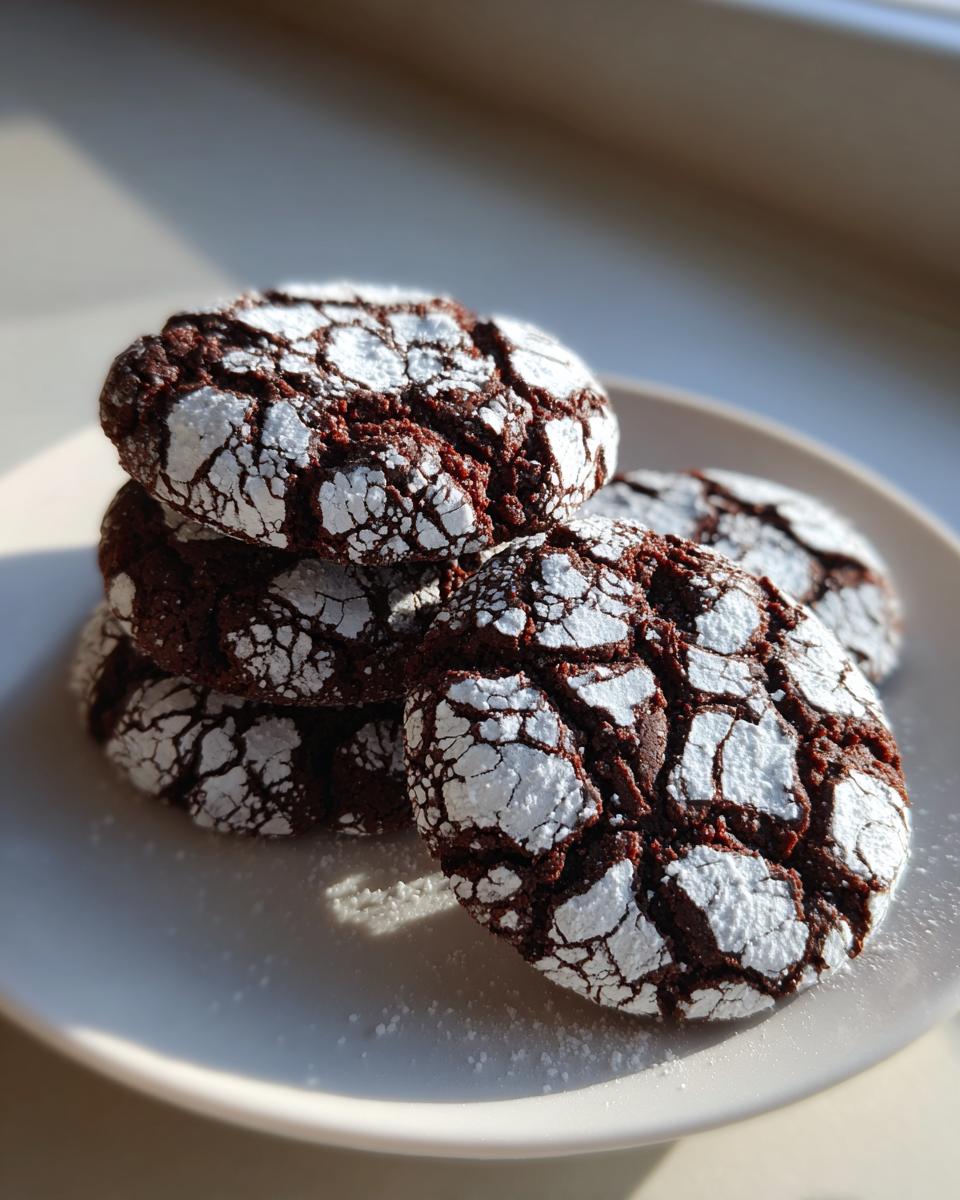 A stack of rich, dark chocolate crinkle cookies heavily dusted with powdered sugar, sitting on a white plate.