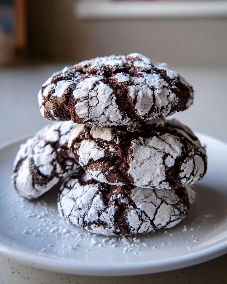 A stack of three rich chocolate crinkle cookies heavily dusted with white powdered sugar, sitting on a white plate.