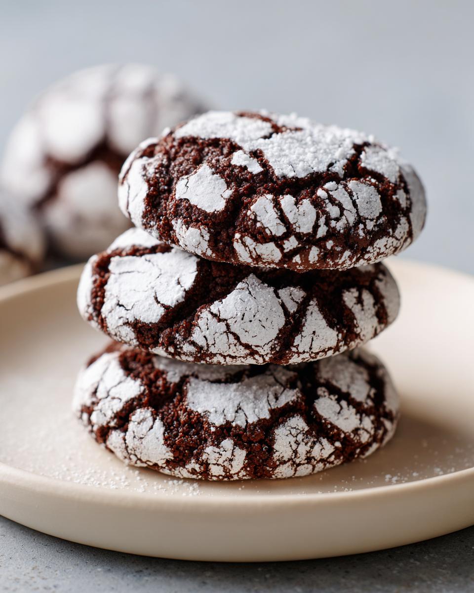 A stack of three rich chocolate crinkle cookies heavily dusted with white powdered sugar, sitting on a light plate.