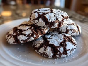 A stack of rich, dark chocolate crinkle cookies heavily dusted with white powdered sugar.