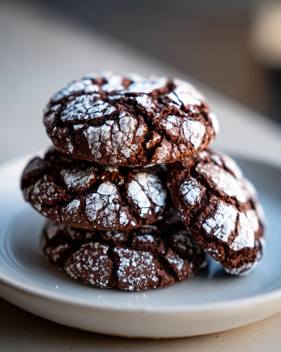 A close-up stack of four rich, dark chocolate crinkle cookies dusted heavily with white powdered sugar.