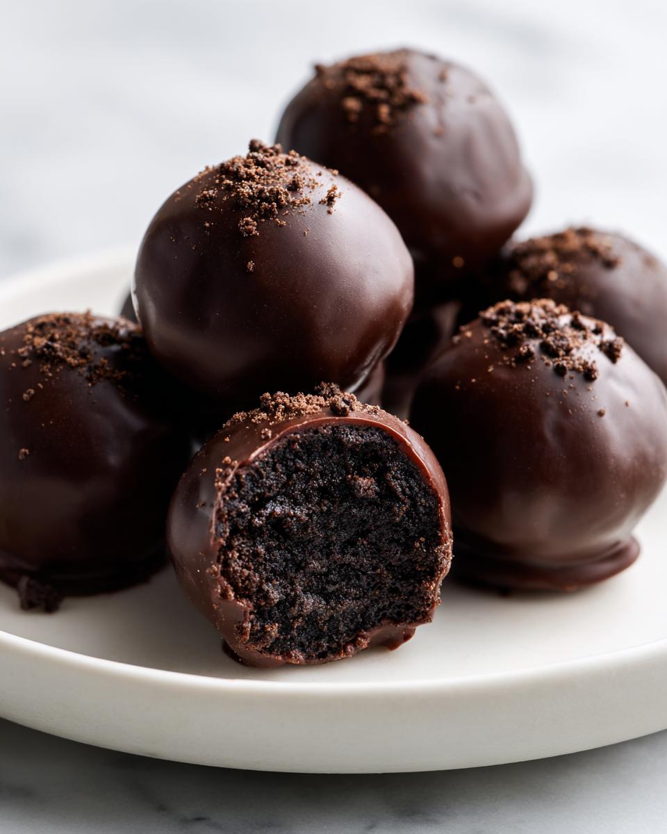 A stack of rich, dark chocolate coated Oreo balls, one of which is bitten open to show the dense, dark interior.