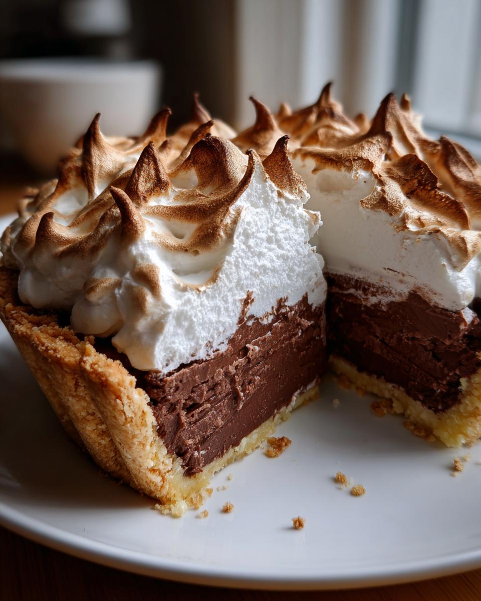 A close-up cross-section of a chocolate meringue pie showing the rich filling and perfectly torched meringue peaks.