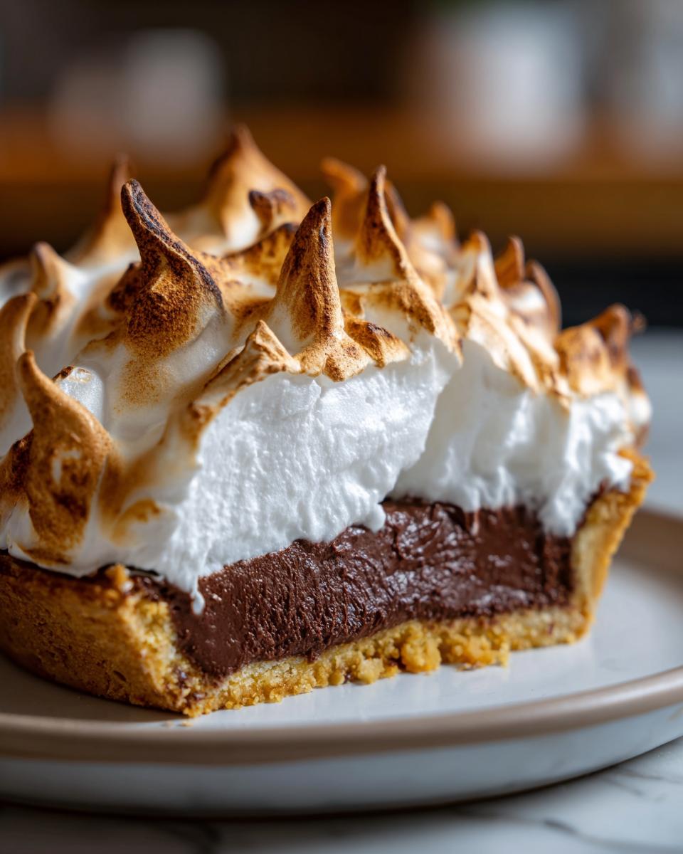 Close-up of a slice of chocolate meringue pie showing the crust, rich chocolate filling, and tall, toasted meringue peaks.