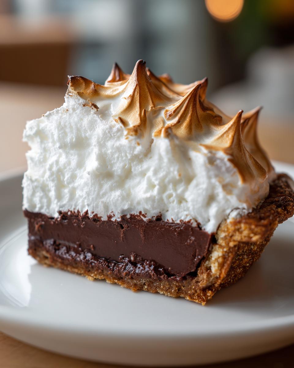 Close-up of a slice of chocolate meringue pie showing rich chocolate filling and tall, toasted meringue peaks.