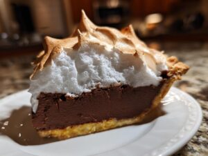 A close-up slice of chocolate meringue pie showing thick chocolate filling and tall, toasted meringue topping.