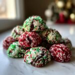 A pile of vibrant red, green, and white christmas sprinkle cookies coated in nonpareils.