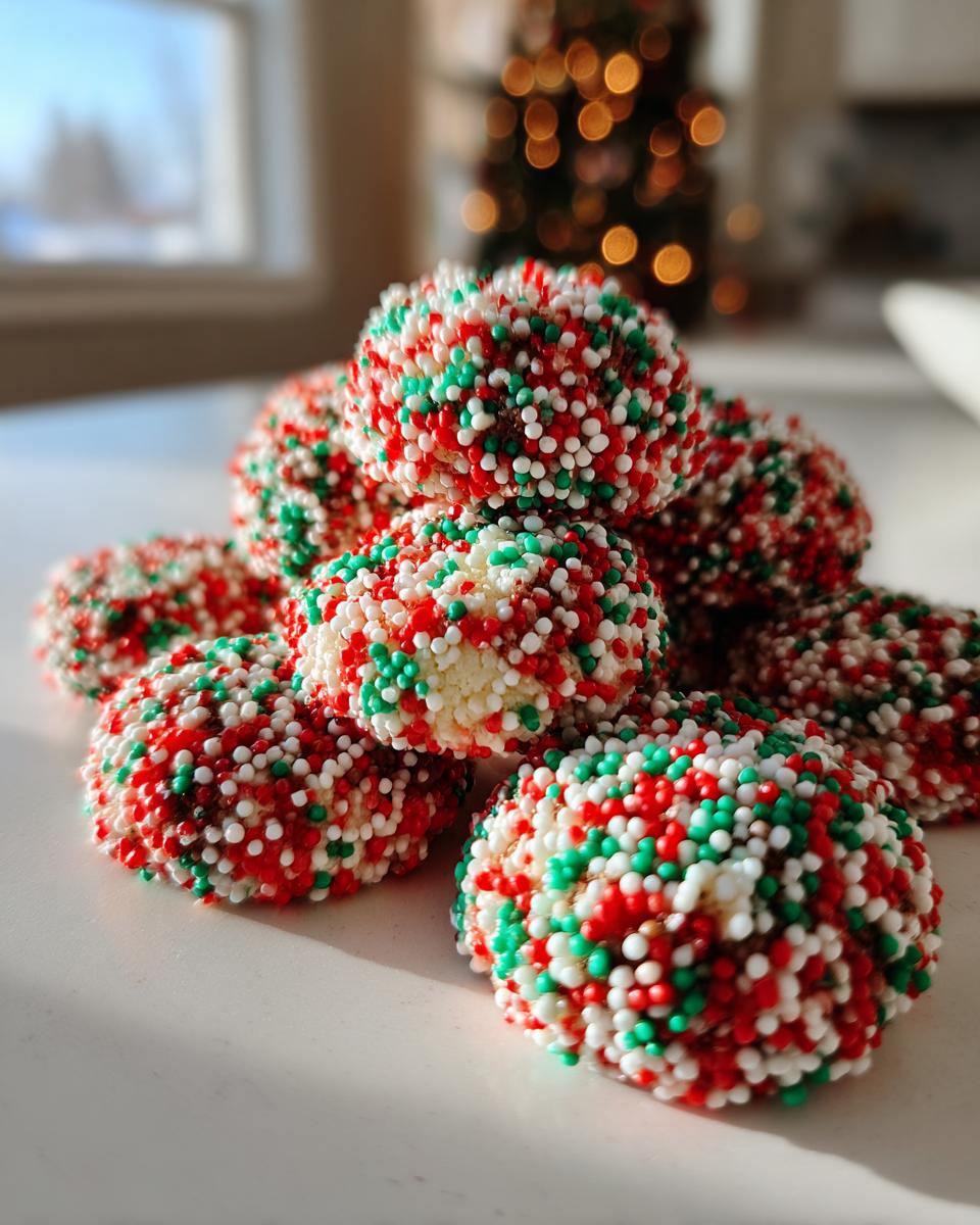A close-up pile of vibrant christmas sprinkle cookies coated in red, green, and white nonpareils, with a blurred Christmas tree in the background.