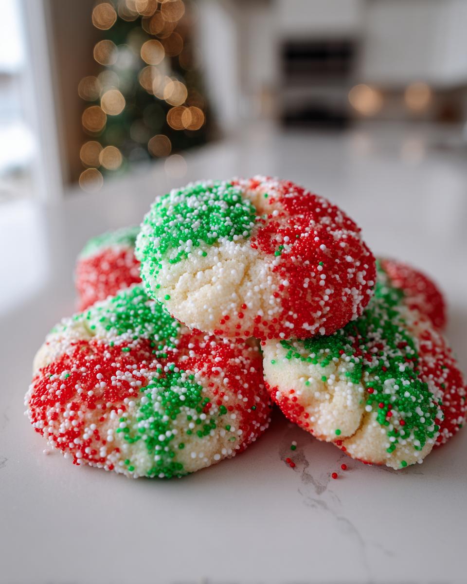 A stack of soft, round christmas sprinkle cookies covered in red, green, and white nonpareils, set against a blurred holiday background.