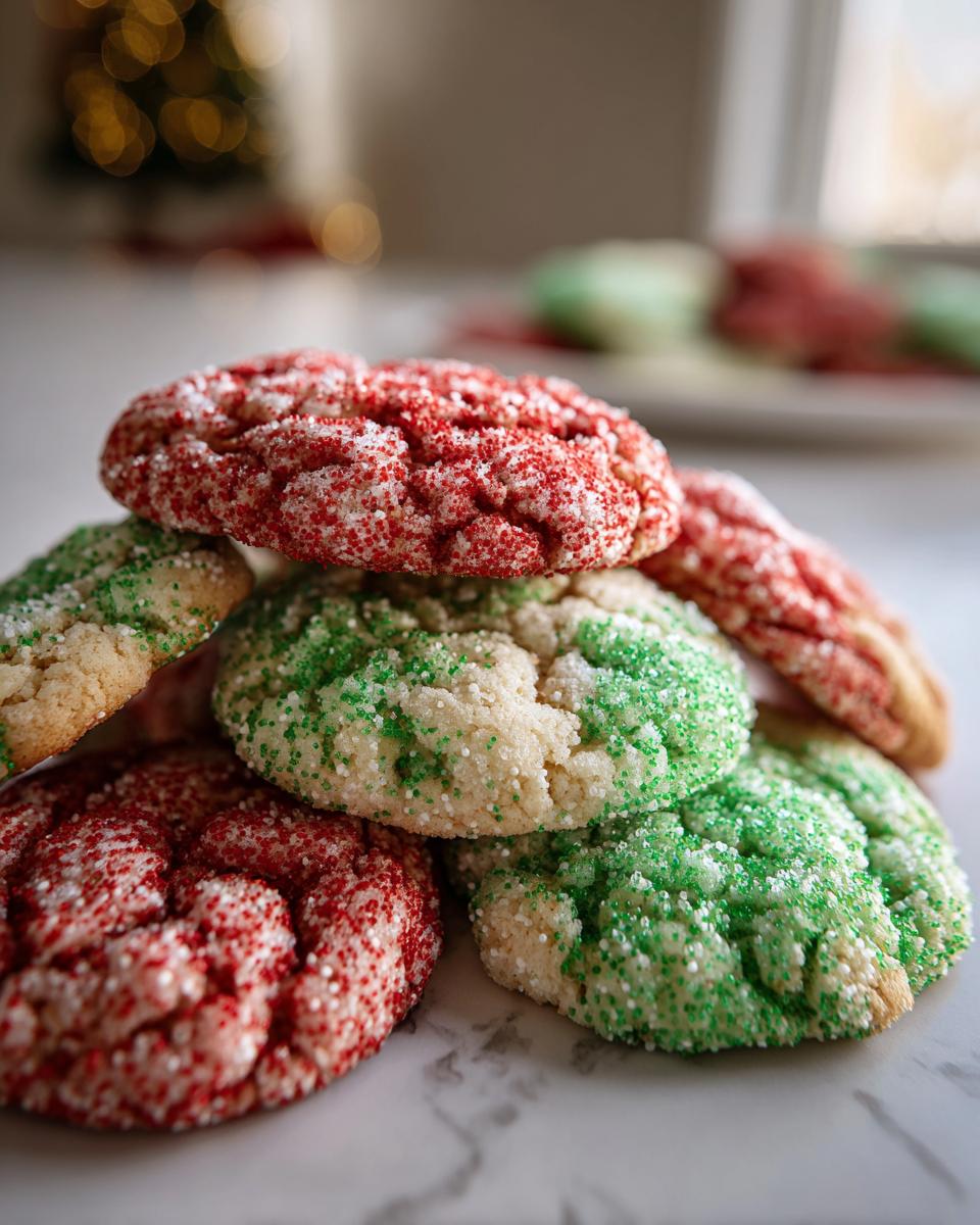 A close-up stack of red and green christmas sprinkle cookies with a soft focus holiday background.