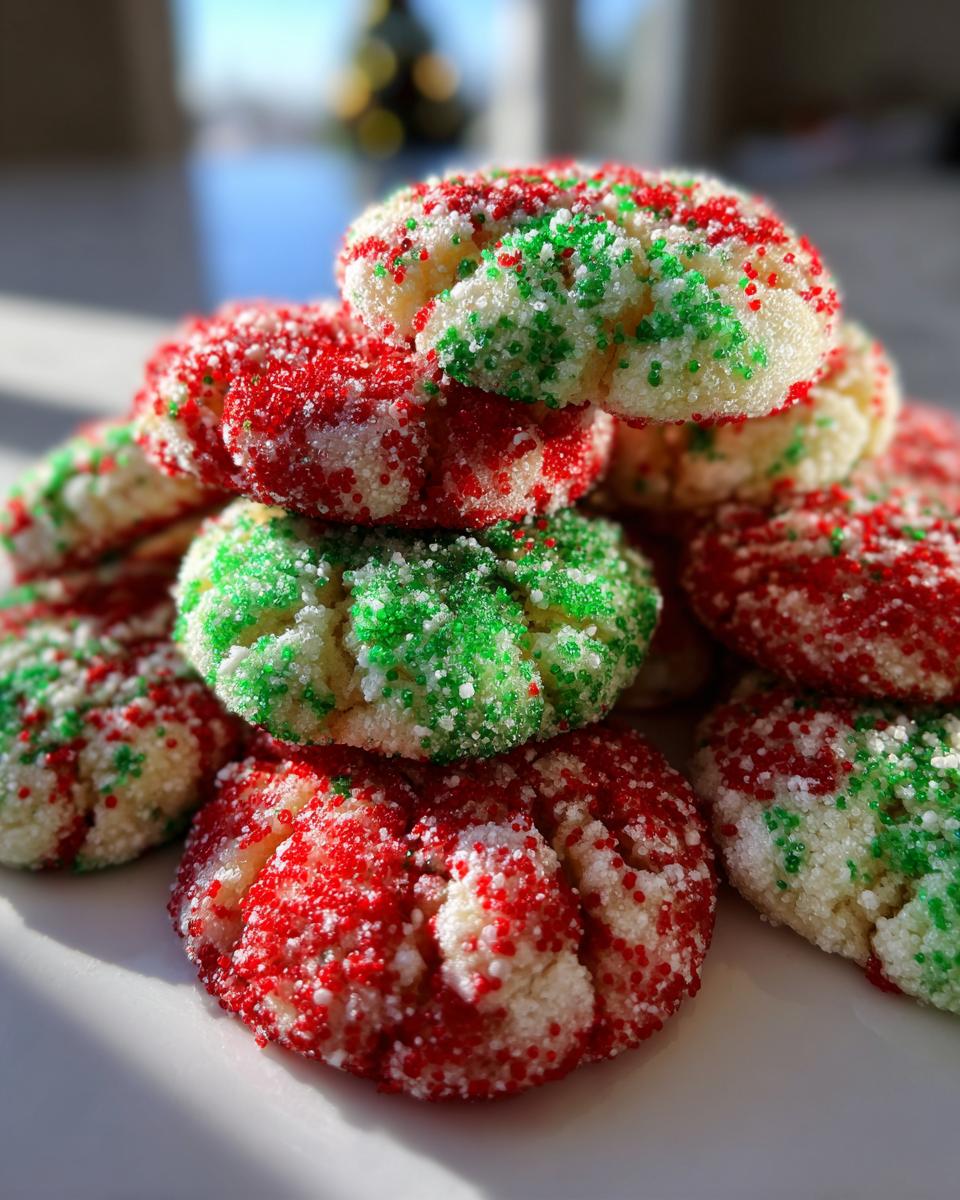 A stack of soft, crinkled Christmas sprinkle cookies covered in vibrant red and green sugar.