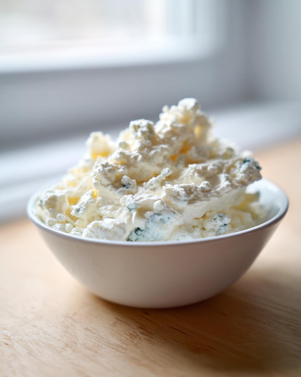 A white bowl filled with chunky, creamy blue cheese dip, highlighted by natural light.