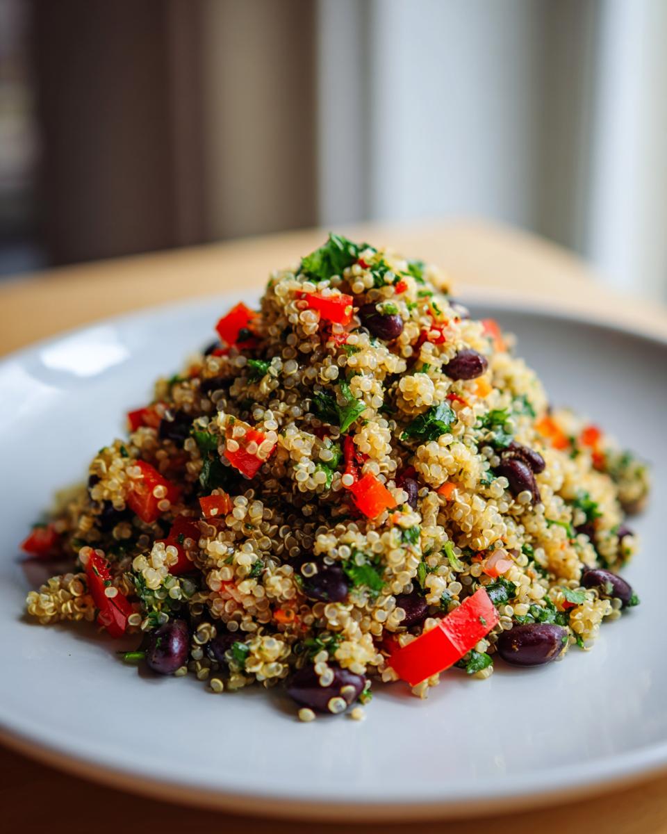 A mound of vibrant cilantro lime quinoa salad mixed with black beans and diced red peppers on a white plate.
