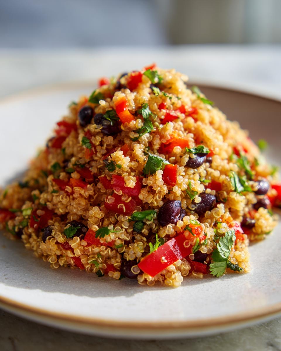 A mound of vibrant cilantro lime quinoa salad mixed with black beans and diced red peppers on a light plate.