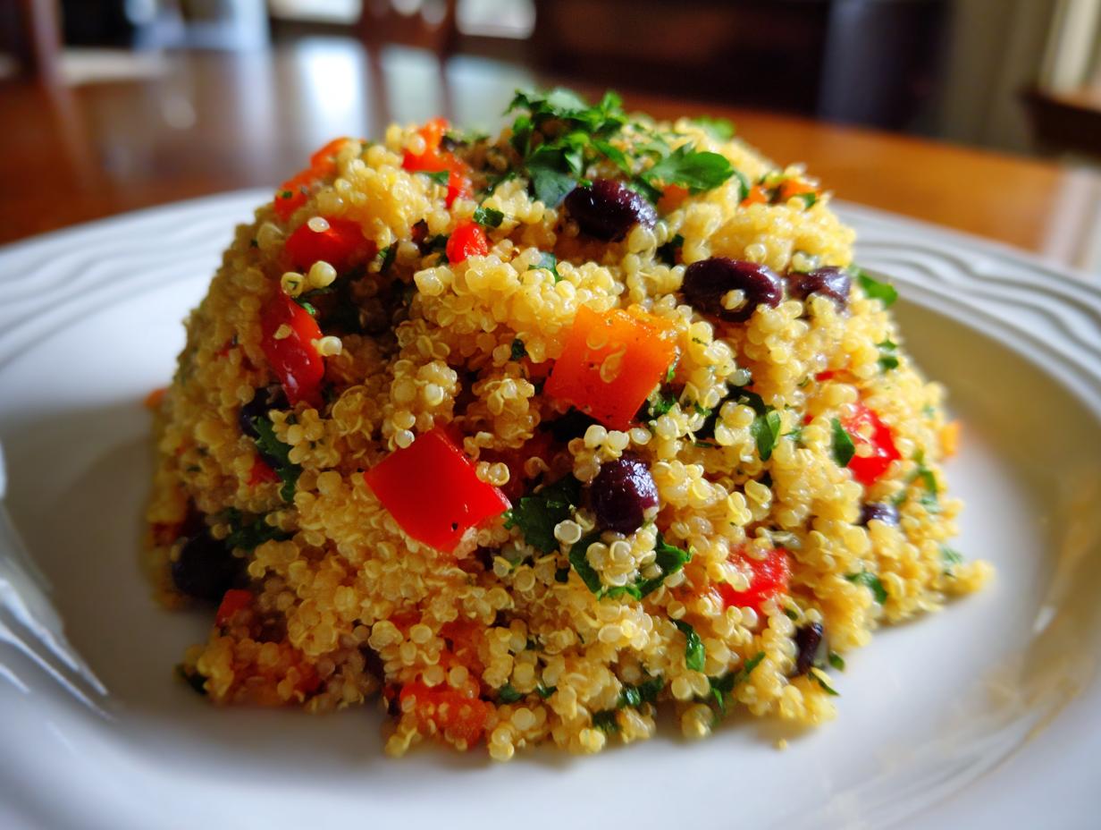 A close-up of a perfectly molded portion of cilantro lime quinoa salad featuring red peppers and black beans on a white plate.