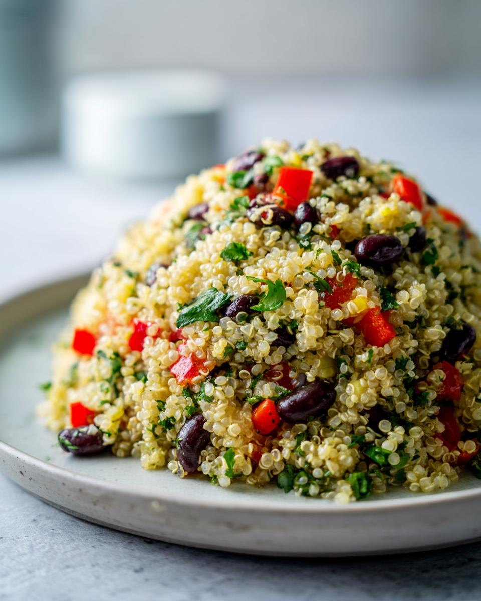 A close-up of a fresh mound of cilantro lime quinoa salad mixed with black beans and red bell peppers.