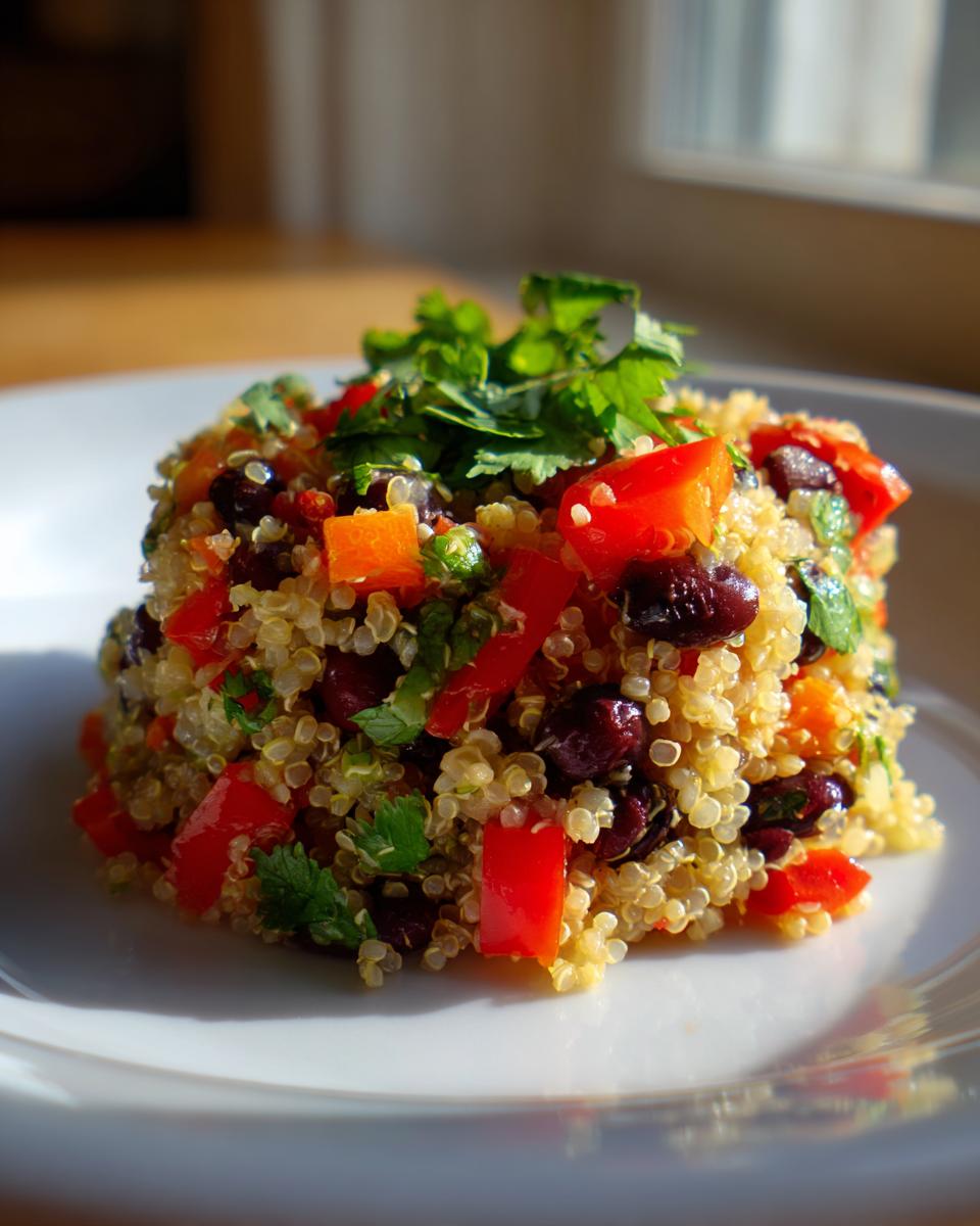 A molded serving of cilantro lime quinoa salad featuring quinoa, black beans, red bell pepper, and fresh cilantro garnish.