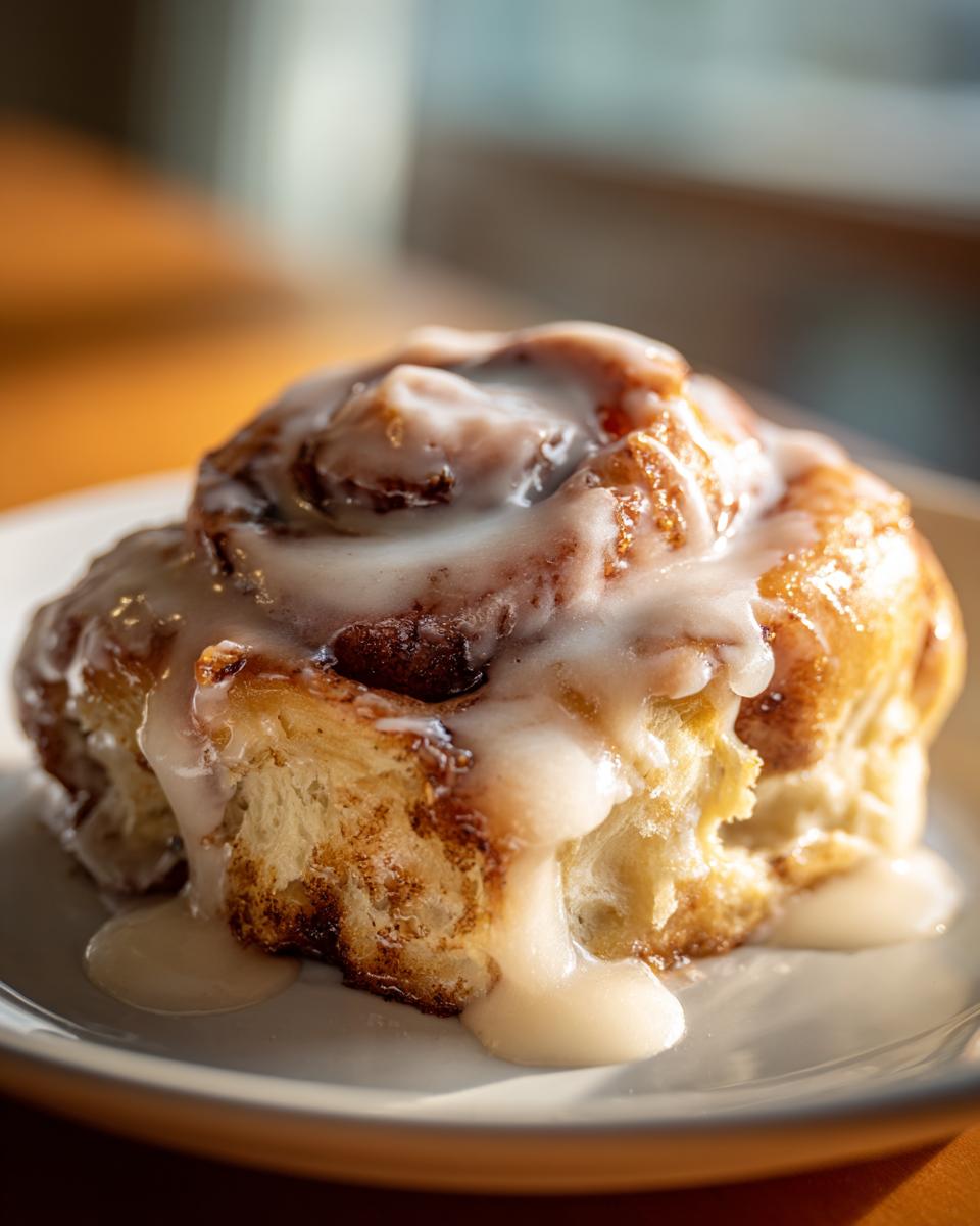 Close-up of a soft cinnamon roll generously topped with dripping white icing, made with heavy cream.