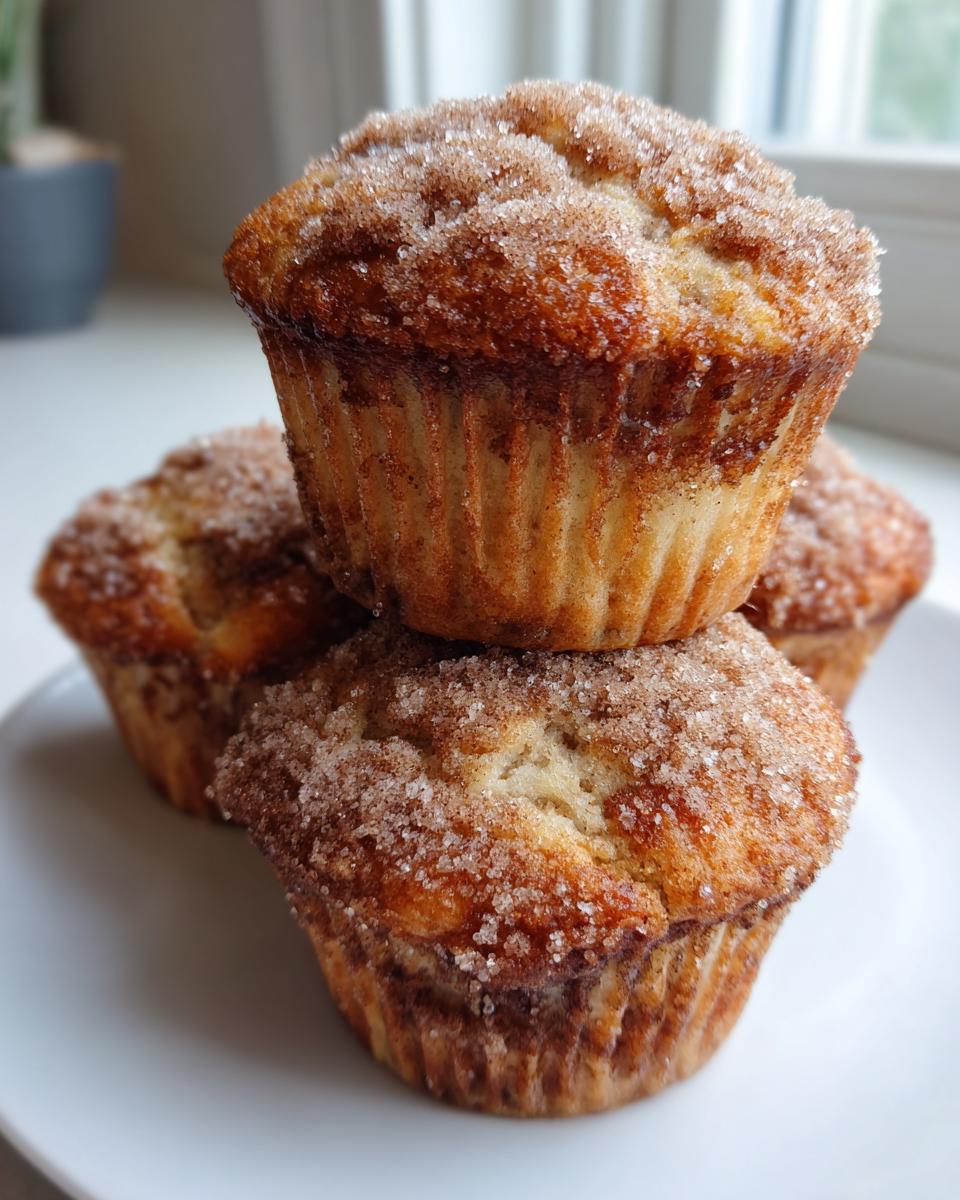 A stack of three golden sourdough discard banana muffins topped with a generous cinnamon sugar crust.