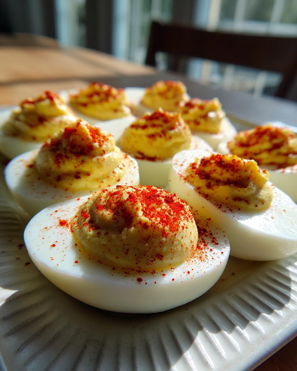 A close-up of several classic deviled eggs arranged on a plate, topped with creamy filling and sprinkled with bright red paprika.
