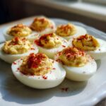 A close-up of several classic deviled eggs arranged on a white plate, topped with creamy filling and sprinkled with bright red paprika.