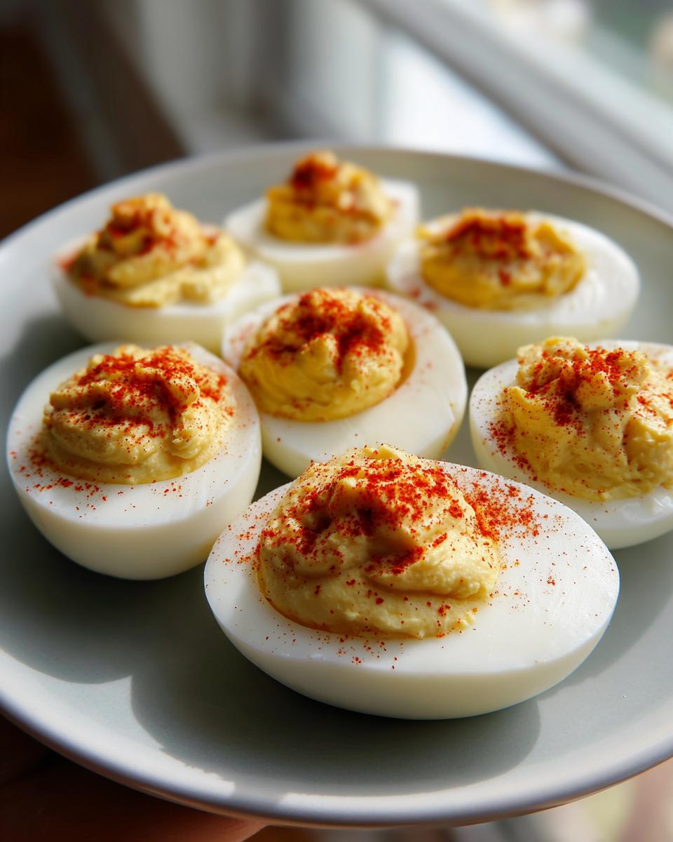 Close-up of several classic deviled eggs arranged on a light plate, topped with creamy filling and bright red paprika.