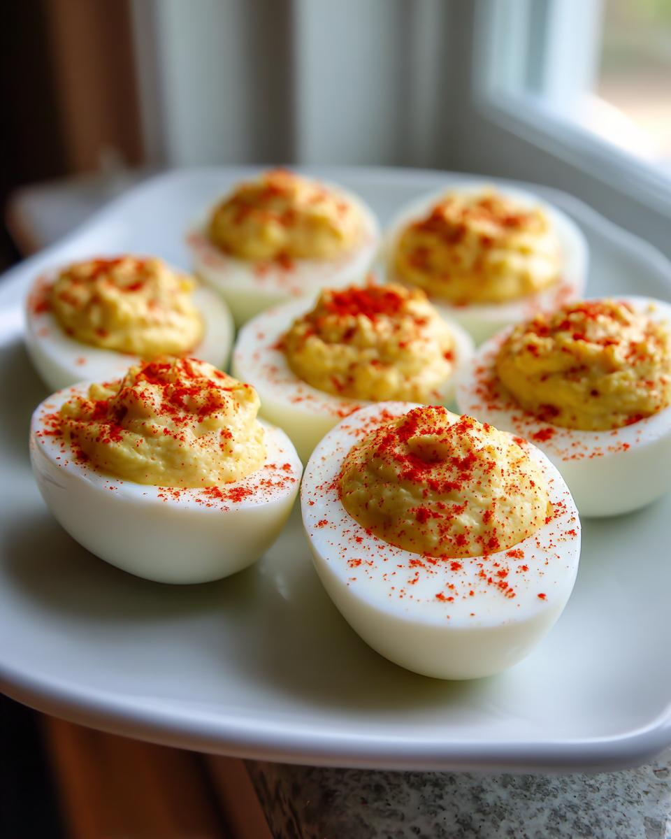 A close-up of several classic deviled eggs arranged on a white plate, topped generously with bright red paprika.