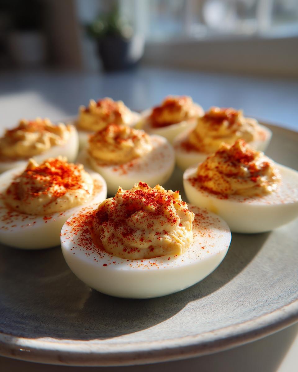 A plate of beautifully prepared classic deviled eggs, piped high and dusted generously with bright red paprika.