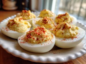 A close-up of several classic deviled eggs arranged on a white scalloped plate, topped with creamy filling and sprinkled with paprika.