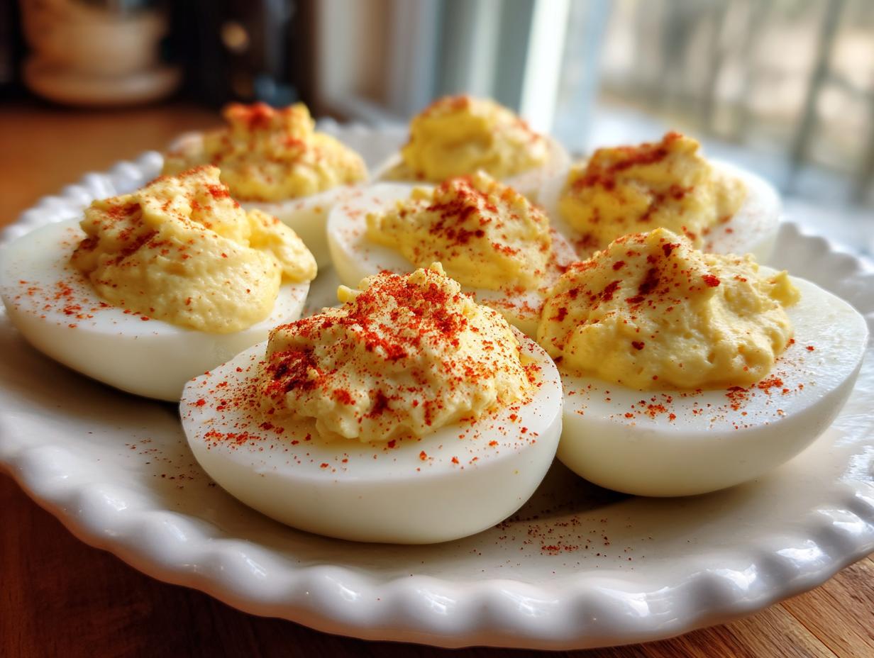 A close-up of several classic deviled eggs arranged on a white scalloped plate, topped with creamy filling and sprinkled with paprika.
