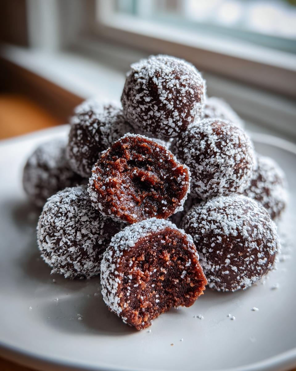 A pile of rich, dark bourbon balls rolled in shredded coconut, with one cut in half showing the dense interior.