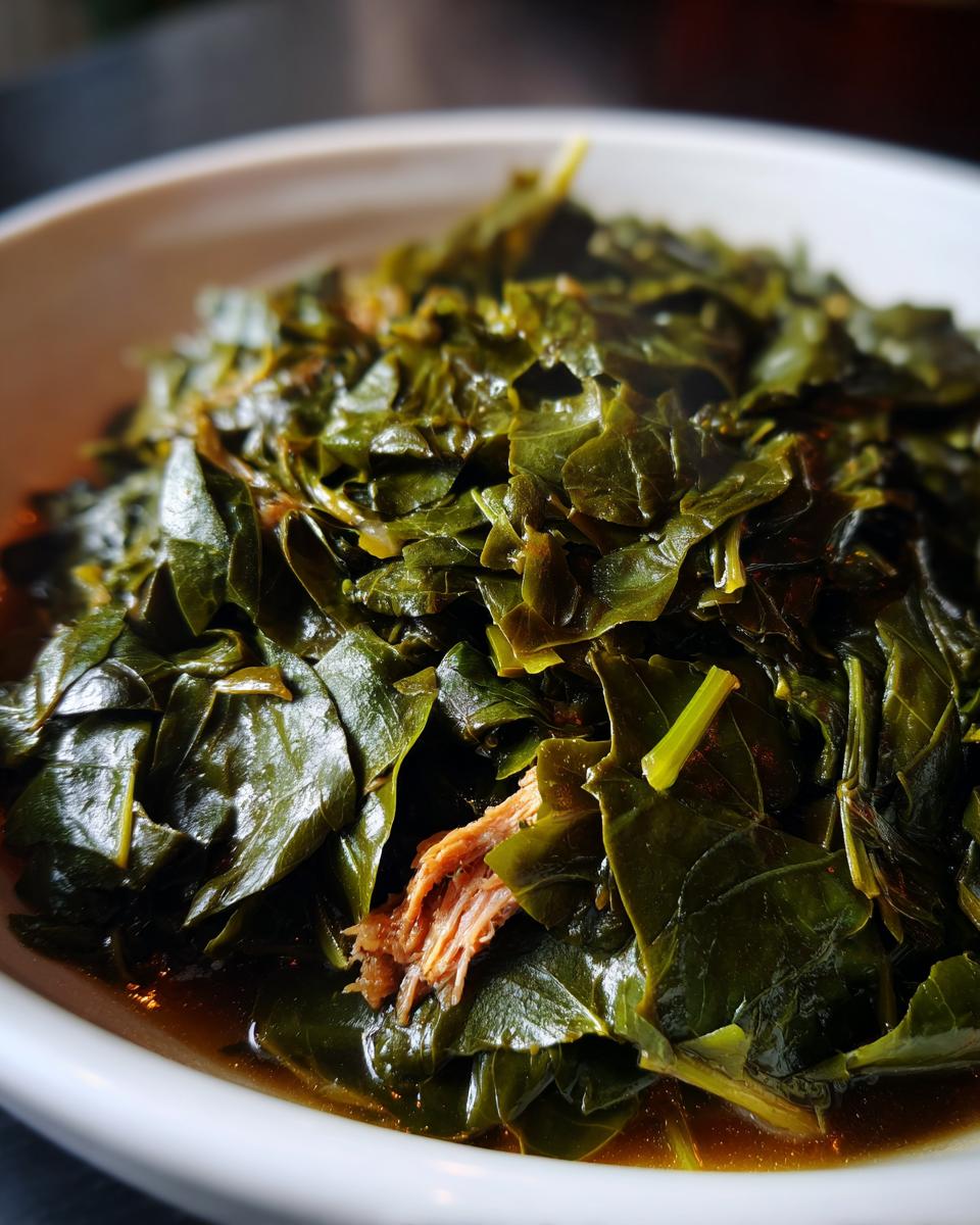Close-up of rich, dark green collard greens served in a white bowl with savory pot liquor and shredded smoked meat.