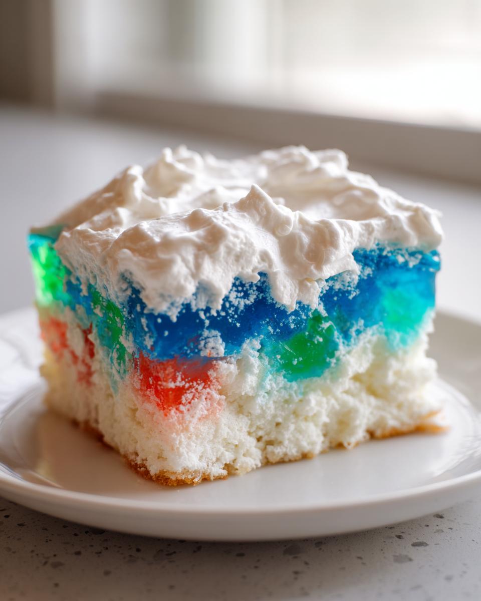 A moist slice of rainbow jello poke cake showing layers of blue, green, and red gelatin absorbed into white cake, topped with whipped cream.