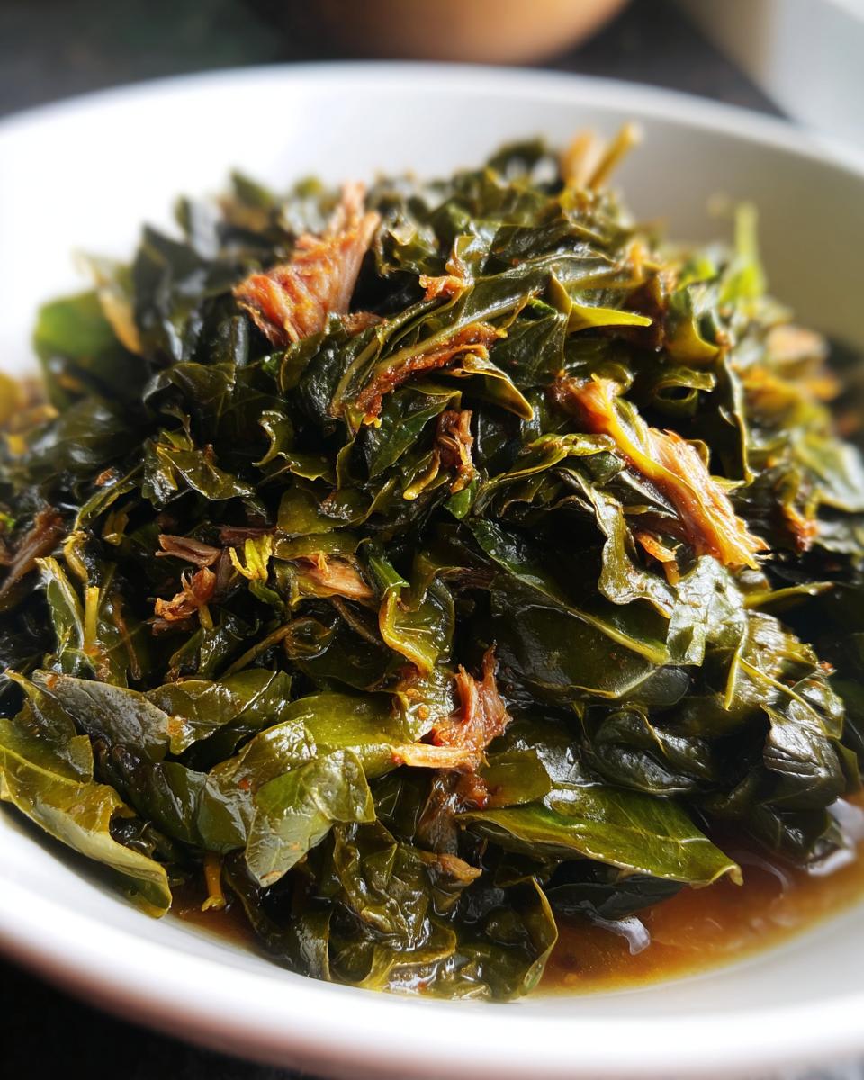 Close-up of tender, dark green collard greens simmered in a rich, savory pot liquor with pieces of smoked meat.