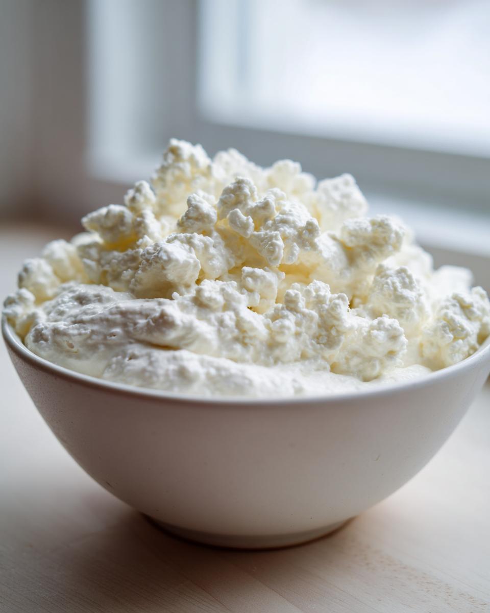 Close-up of cottage cheese curds in a white bowl, an ingredient for blue cheese dip.