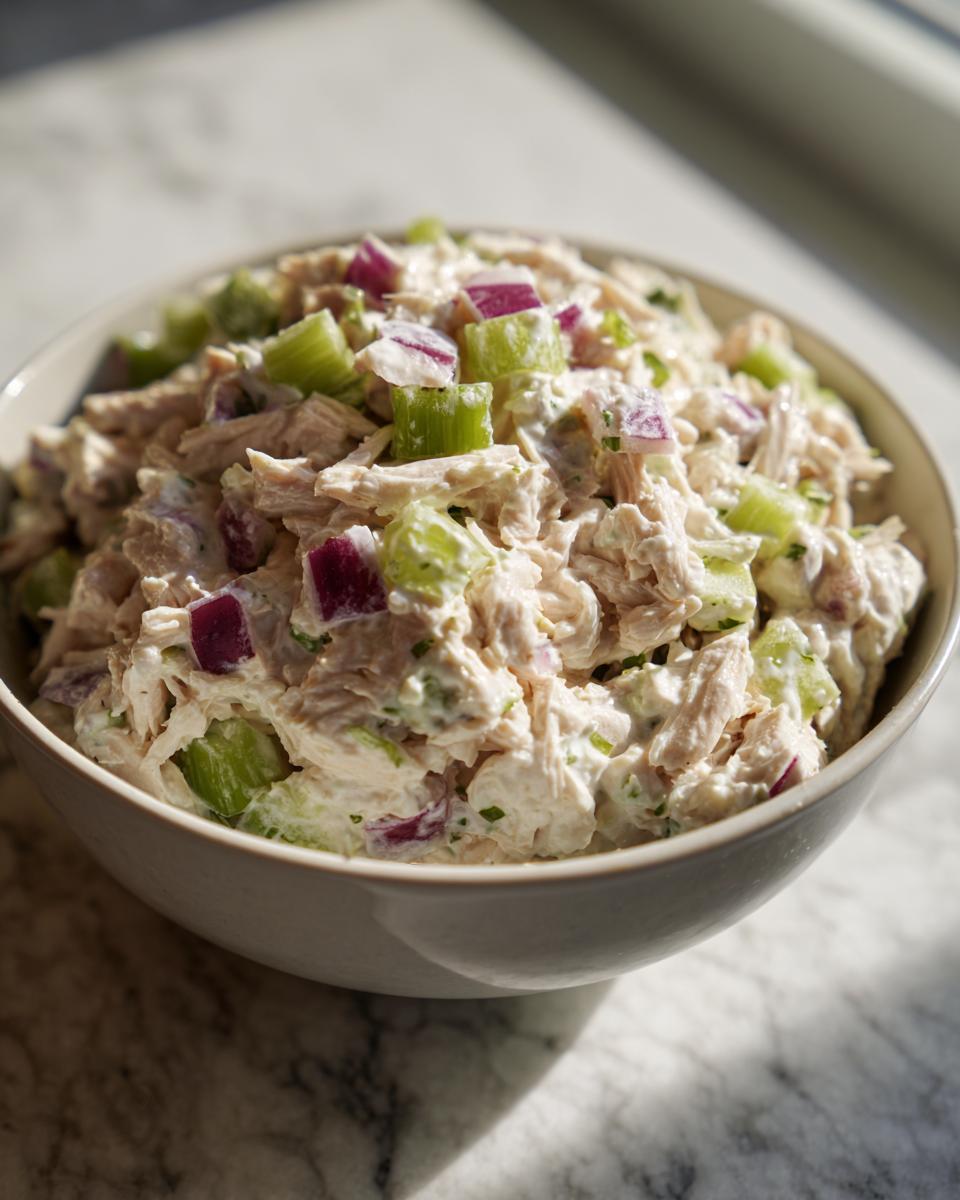 A close-up of creamy cottage cheese chicken salad mixed with chunks of celery and red onion in a light bowl.