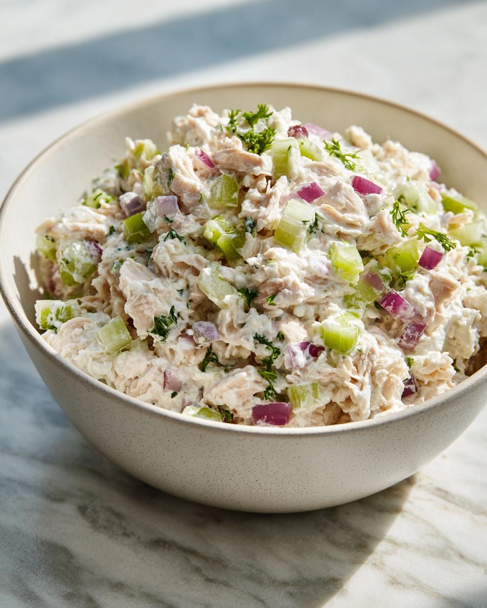 Close-up of creamy cottage cheese chicken salad mixed with diced celery and red onion in a speckled bowl.