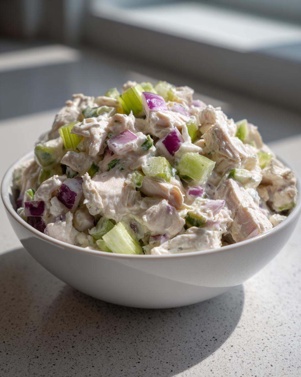 A white bowl filled with creamy cottage cheese chicken salad, featuring chunks of chicken, celery, and red onion.