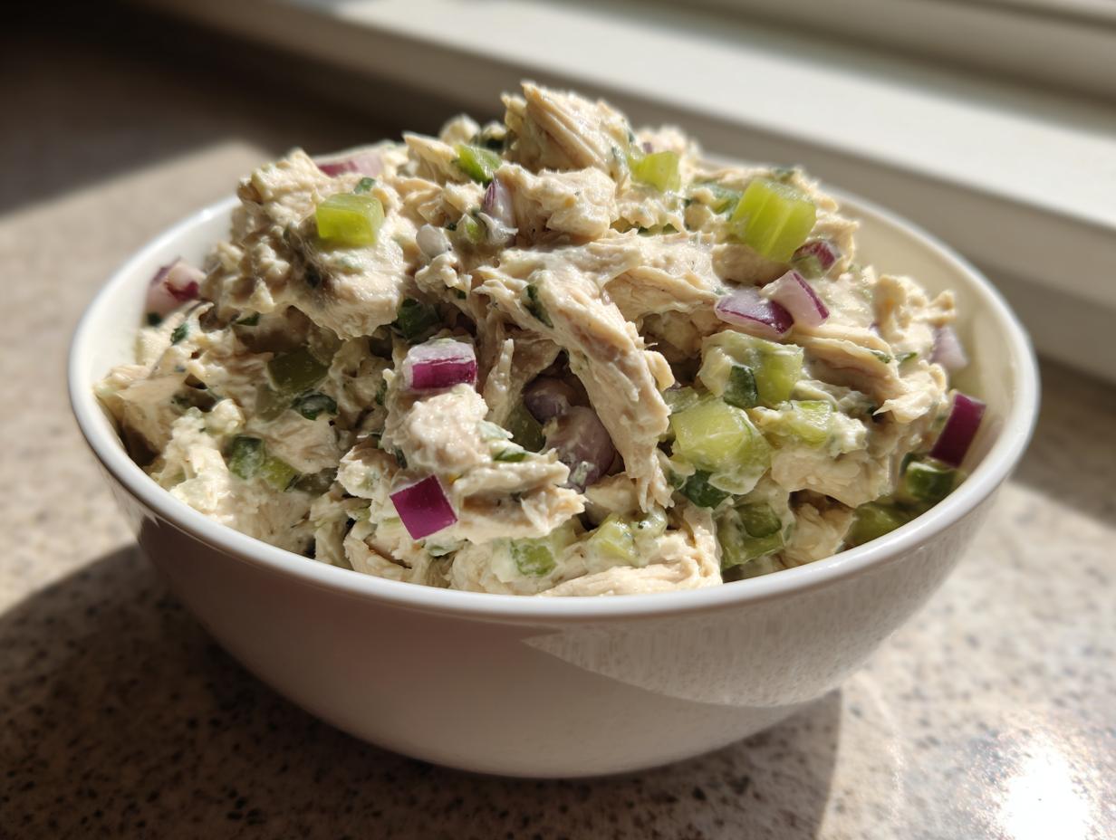 Close-up of high-protein cottage cheese chicken salad mixed with diced red onion and celery in a white bowl.